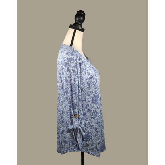 Como Vintage Blue Floral Print Blouse with 3/4 Roll-tab Sleeves Size XL NWT - Picture 4 of 11